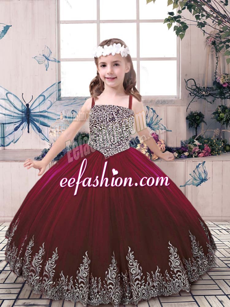 Beautiful Burgundy Straps Lace Up Beading and Embroidery Child Pageant Dress Sleeveless
