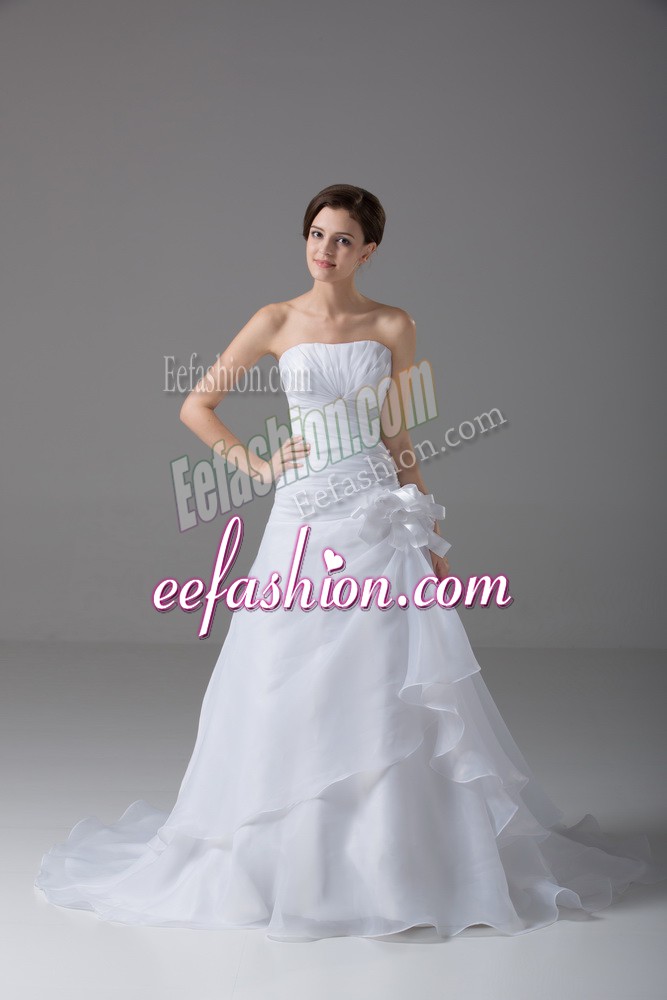 Fashionable White Organza Lace Up Bridal Gown Sleeveless Brush Train Hand Made Flower
