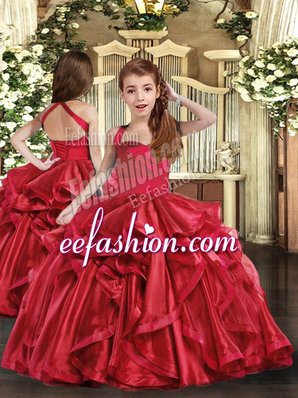  Red Ball Gowns Organza Straps Sleeveless Ruffles Floor Length Lace Up Little Girl Pageant Gowns
