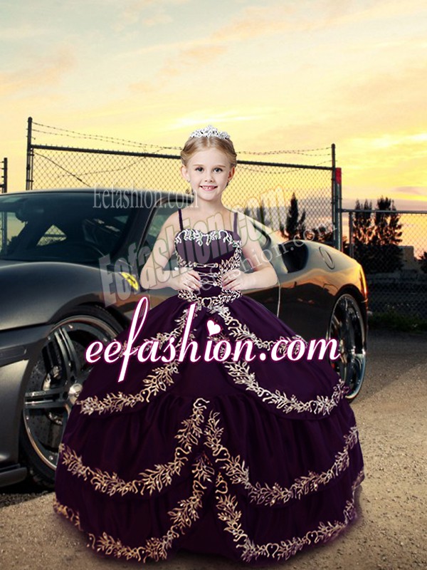  Dark Purple Sleeveless Floor Length Embroidery Lace Up Kids Formal Wear