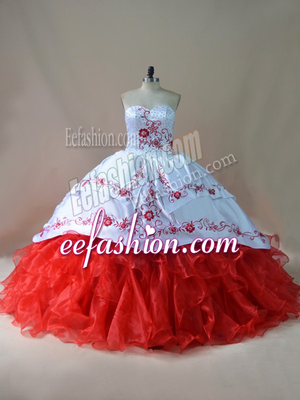 Traditional Ball Gowns Sleeveless White And Red Quinceanera Gown Court Train Lace Up