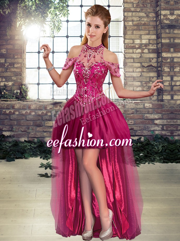 High Quality High Low Lace Up Homecoming Dress Fuchsia for Prom and Party with Beading