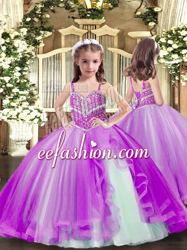 Custom Designed Purple Tulle Lace Up Little Girl Pageant Gowns Sleeveless Floor Length Beading