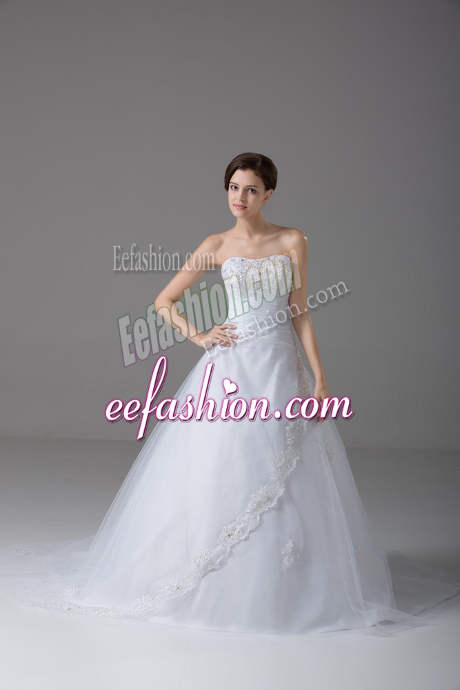 Sophisticated White Ball Gowns Strapless Sleeveless Tulle Brush Train Lace Up Beading and Lace Wedding Gowns