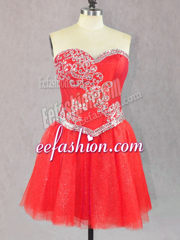 Free and Easy Red A-line Sweetheart Sleeveless Tulle Mini Length Lace Up Beading 