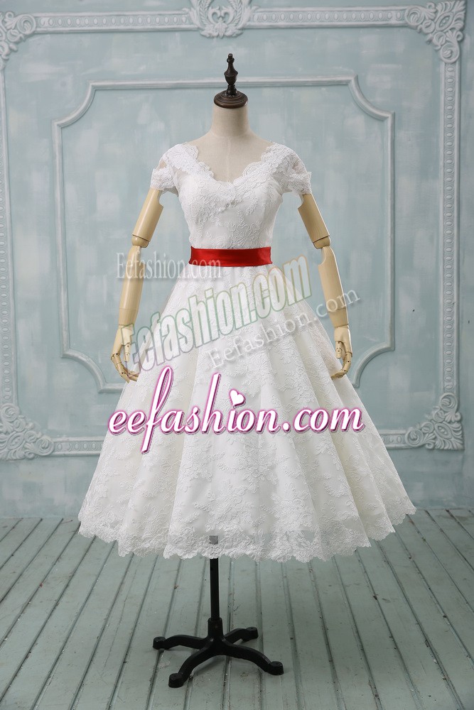 Sumptuous Tea Length White Wedding Gown V-neck Short Sleeves Zipper