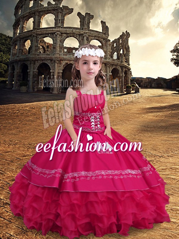  Floor Length Zipper Kids Pageant Dress Hot Pink for Wedding Party with Embroidery and Ruffled Layers