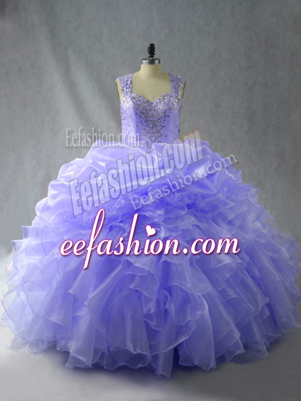 Beautiful Lavender Zipper Straps Beading and Ruffles Sweet 16 Quinceanera Dress Organza Sleeveless