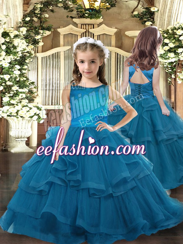  Teal Ball Gowns Ruffled Layers Child Pageant Dress Lace Up Tulle Sleeveless Floor Length