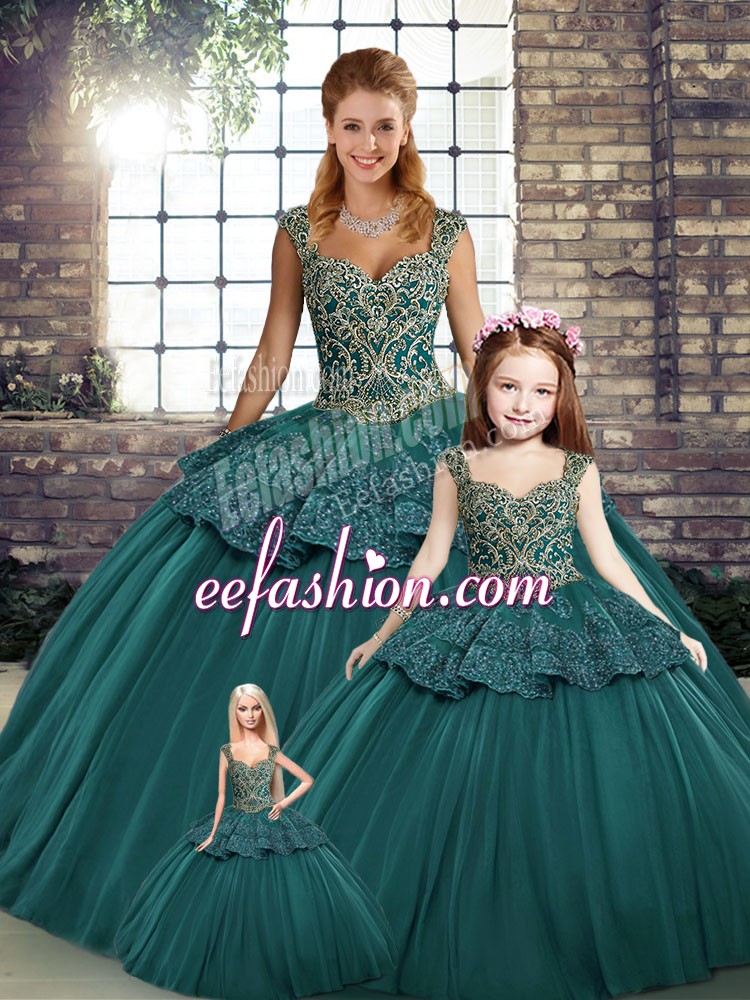 Popular Tulle Straps Sleeveless Lace Up Beading and Appliques Quinceanera Gowns in Green