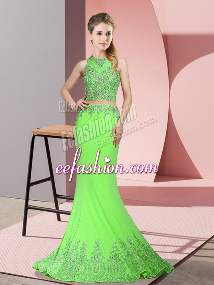 Trendy Satin Zipper High-neck Sleeveless Prom Dresses Sweep Train Beading and Appliques