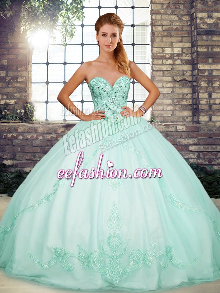 Decent Apple Green Tulle Lace Up Sweetheart Sleeveless Floor Length Quince Ball Gowns Beading and Embroidery