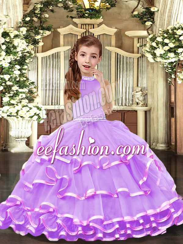  Halter Top Sleeveless Backless Little Girl Pageant Gowns Lavender Organza