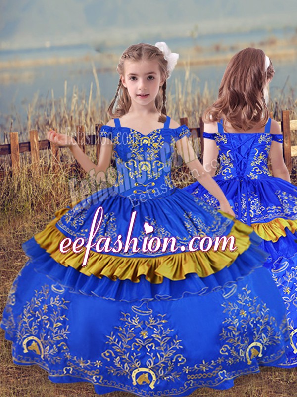  Beading and Embroidery Little Girl Pageant Gowns Blue Lace Up Sleeveless Floor Length
