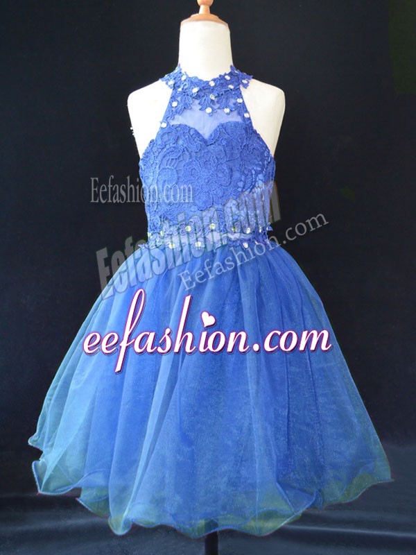  Halter Top Sleeveless Organza Pageant Dress for Girls Beading and Lace Lace Up