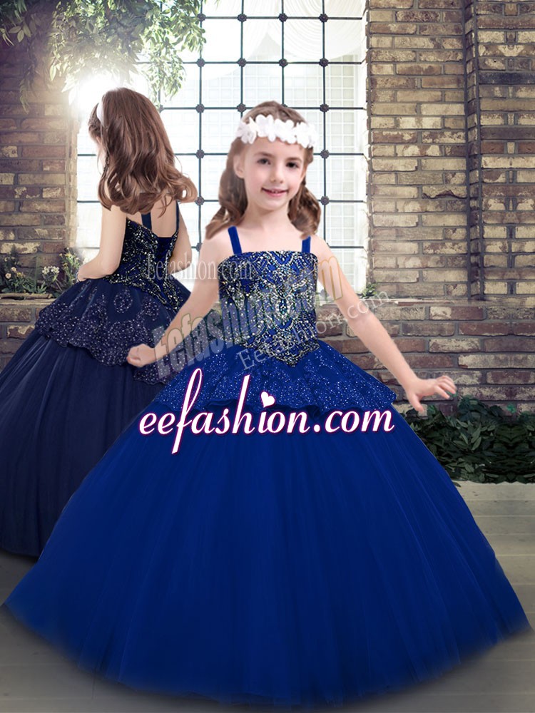 Great Blue Ball Gowns Straps Sleeveless Tulle Floor Length Lace Up Beading Kids Formal Wear
