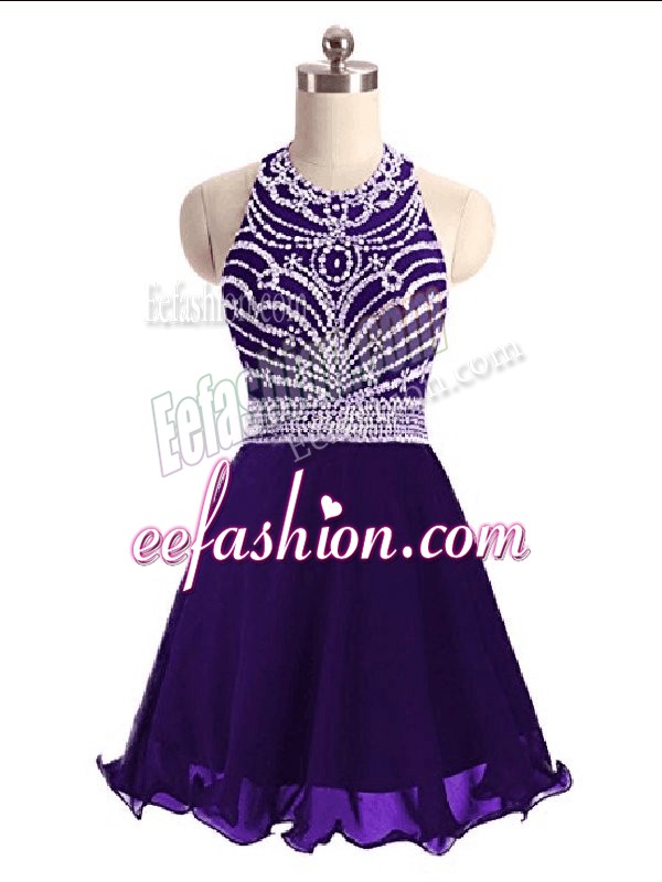 Custom Fit Purple Chiffon Lace Up Prom Party Dress Sleeveless Mini Length Beading