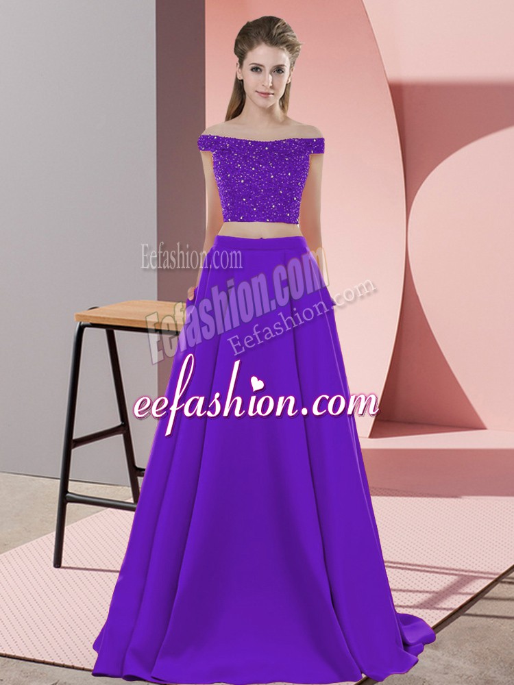  Purple Two Pieces Beading Prom Dress Backless Elastic Woven Satin Sleeveless