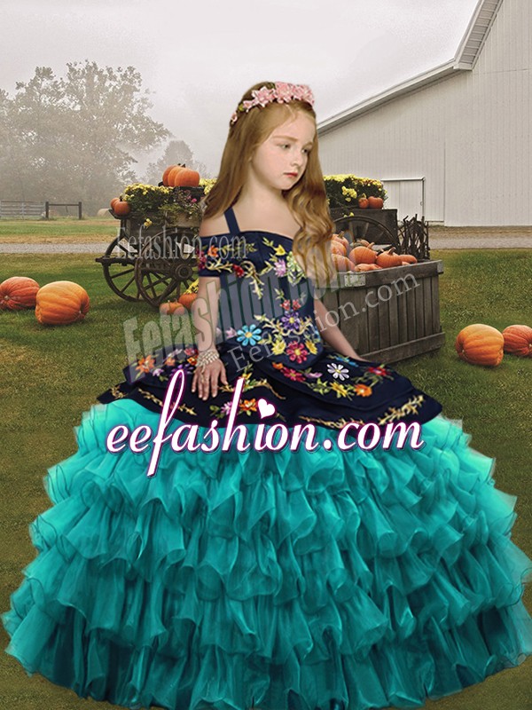 Super Embroidery and Ruffled Layers Little Girl Pageant Gowns Teal Lace Up Sleeveless Floor Length