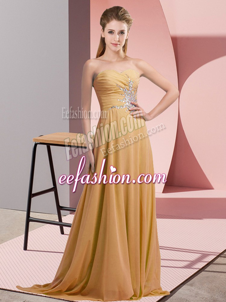  Gold Sleeveless Floor Length Beading Lace Up Prom Party Dress