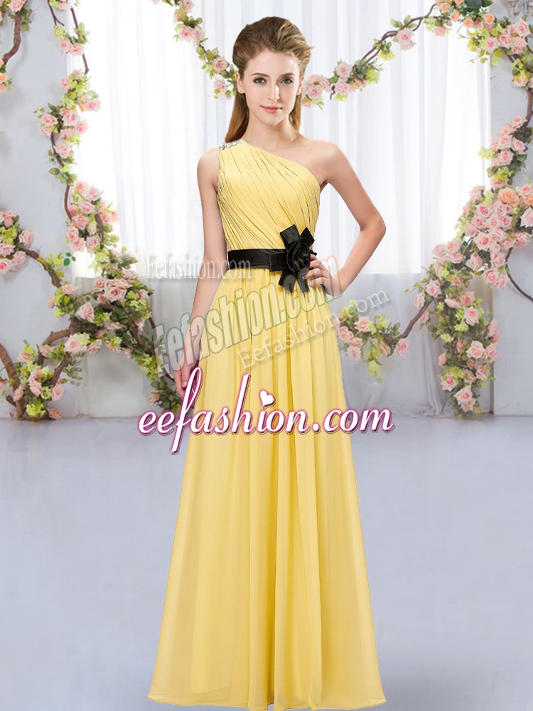  Gold One Shoulder Neckline Belt Bridesmaid Dress Sleeveless Zipper