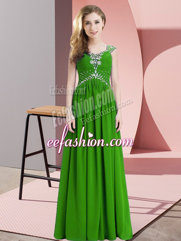 Fantastic Green Empire Beading Prom Dresses Lace Up Chiffon Cap Sleeves Floor Length