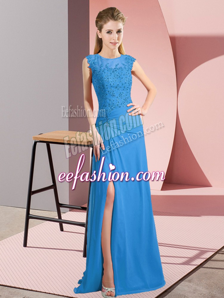 Best Scoop Sleeveless Zipper Prom Dresses Blue Chiffon