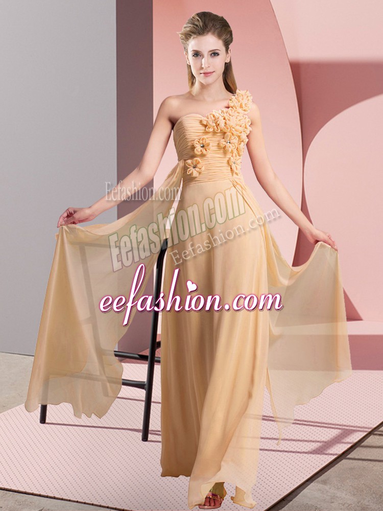  Peach Empire Chiffon One Shoulder Sleeveless Hand Made Flower Floor Length Lace Up Bridesmaid Dress