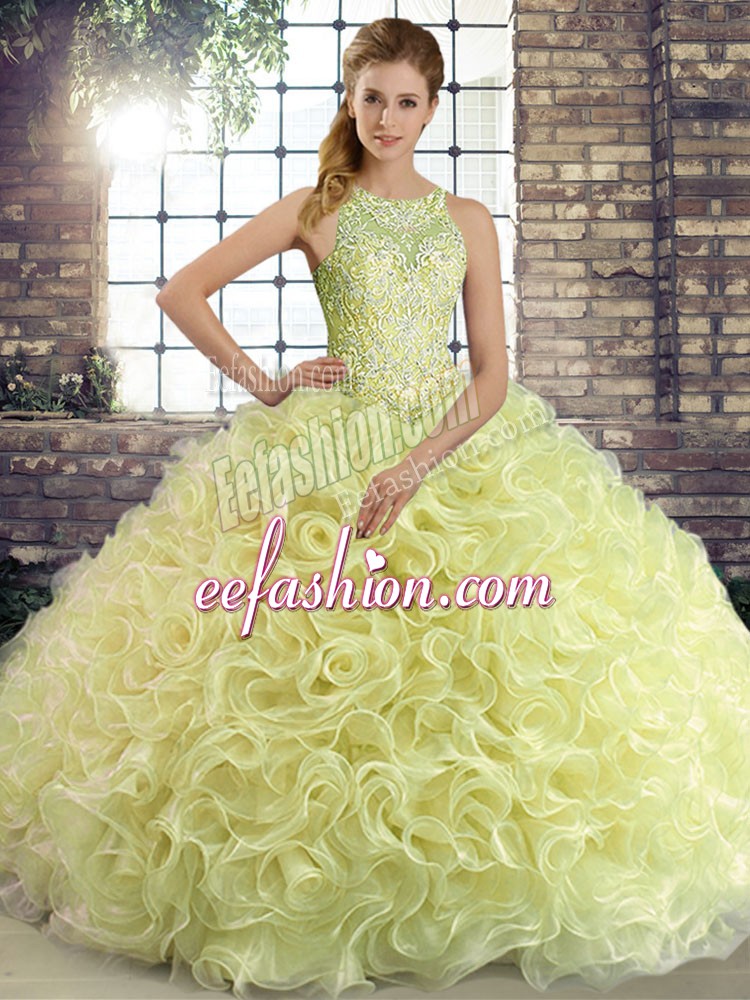 Colorful Yellow Green Sleeveless Fabric With Rolling Flowers Lace Up Quinceanera Dresses for Military Ball and Sweet 16 and Quinceanera