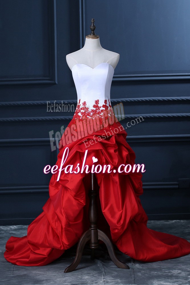  Taffeta Sweetheart Sleeveless Lace Up Lace and Appliques and Pick Ups Prom Dresses in White And Red 