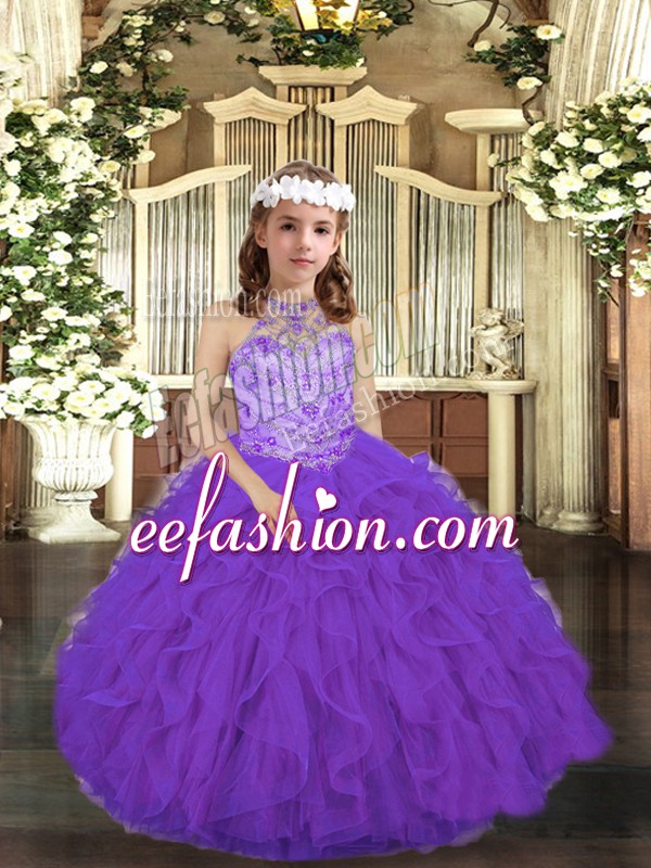 Beautiful Sleeveless Tulle Floor Length Lace Up Kids Pageant Dress in Purple with Beading and Ruffles