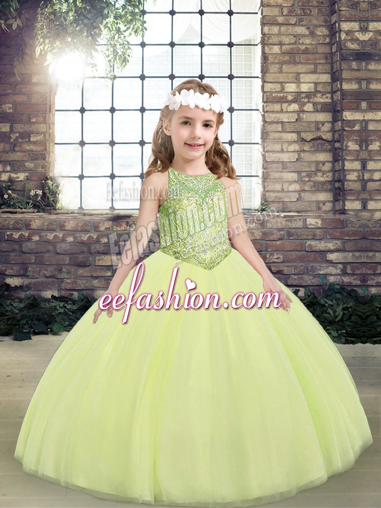  Light Yellow Ball Gowns Scoop Sleeveless Tulle Floor Length Lace Up Beading Little Girls Pageant Dress