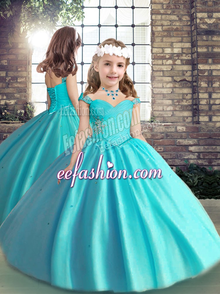  Ball Gowns Little Girls Pageant Gowns Baby Blue Straps Tulle Sleeveless Floor Length Lace Up