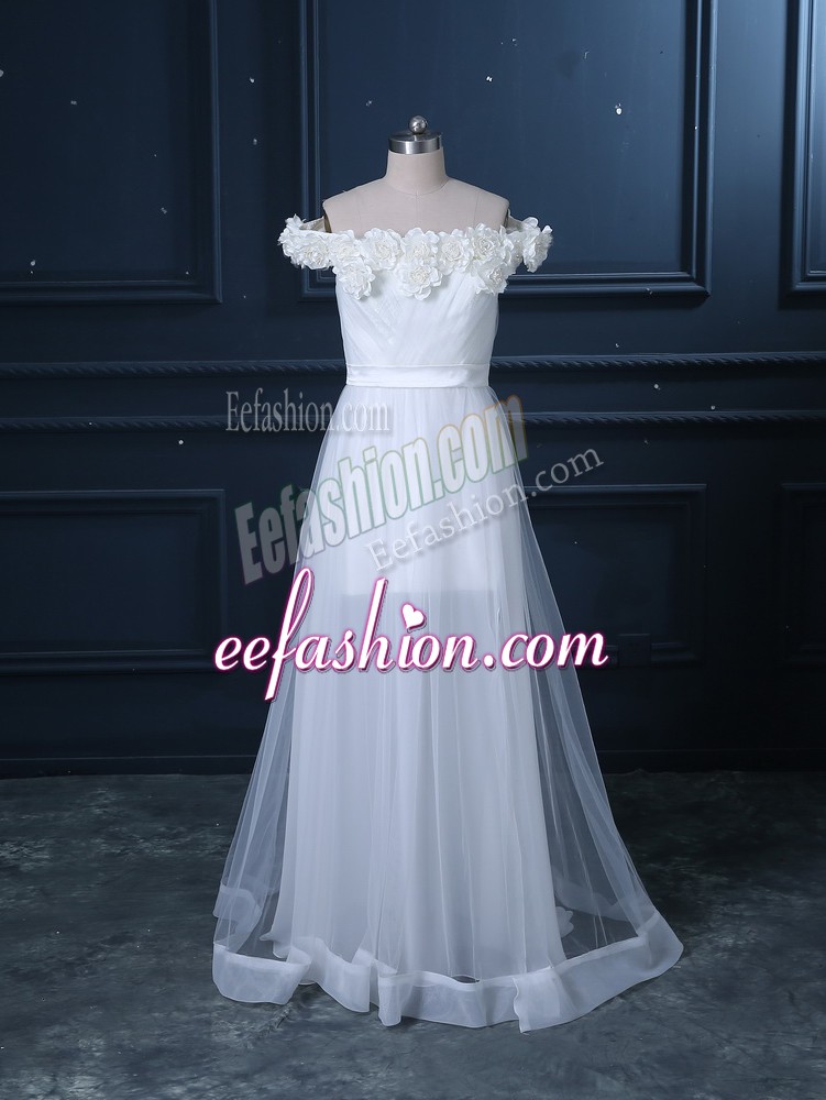 Suitable Brush Train Empire Wedding Gowns White Off The Shoulder Tulle Sleeveless Zipper