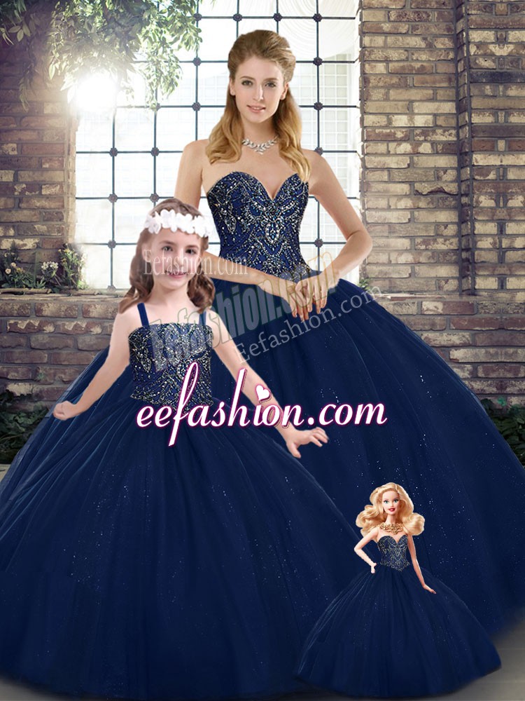  Navy Blue Ball Gowns Tulle Sweetheart Sleeveless Beading Floor Length Lace Up Quinceanera Gown
