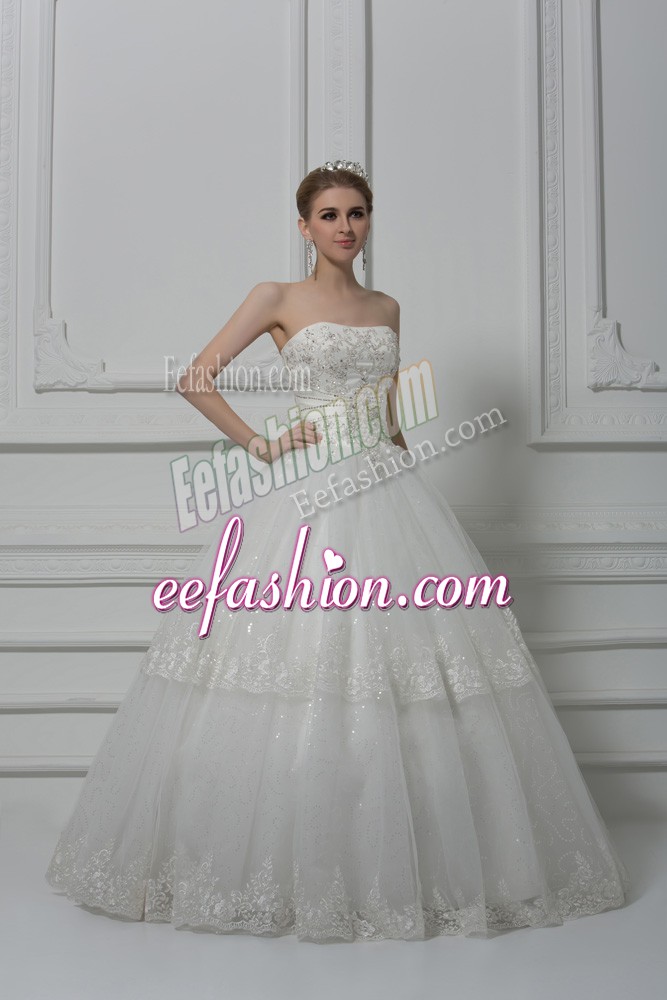 White Tulle Lace Up Wedding Dresses Sleeveless Floor Length Beading and Lace