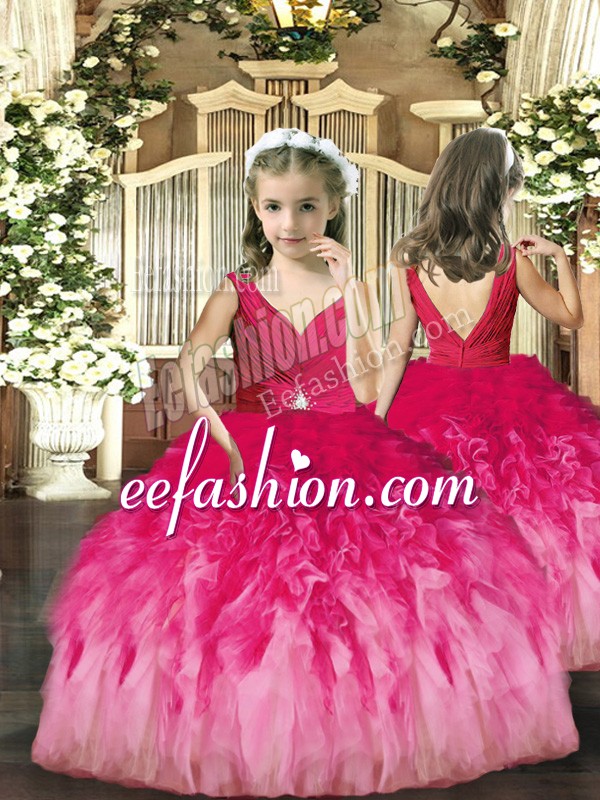 Elegant Floor Length Ball Gowns Sleeveless Hot Pink Little Girls Pageant Gowns Backless