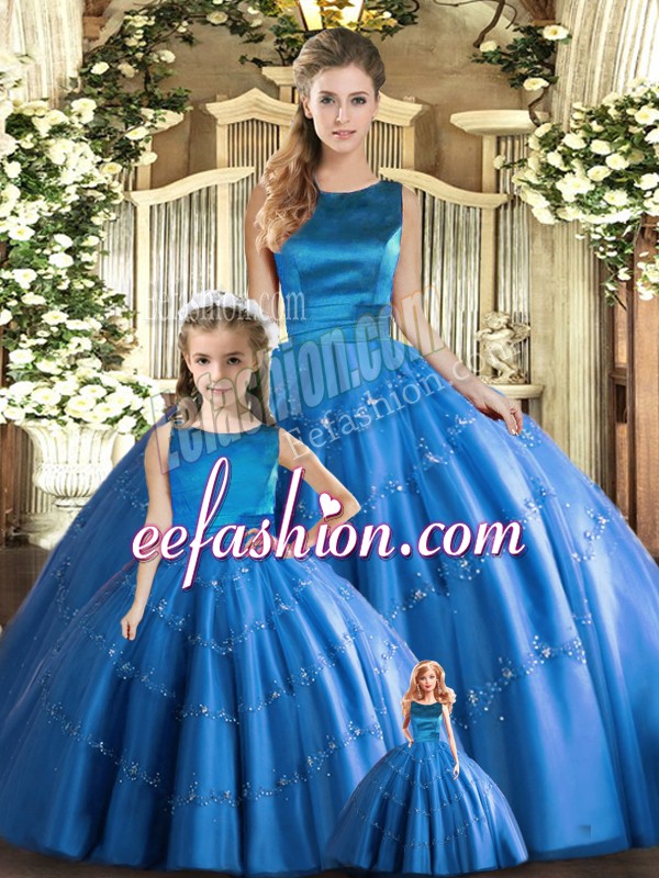  Blue Tulle Lace Up Scoop Sleeveless Floor Length Sweet 16 Quinceanera Dress Appliques