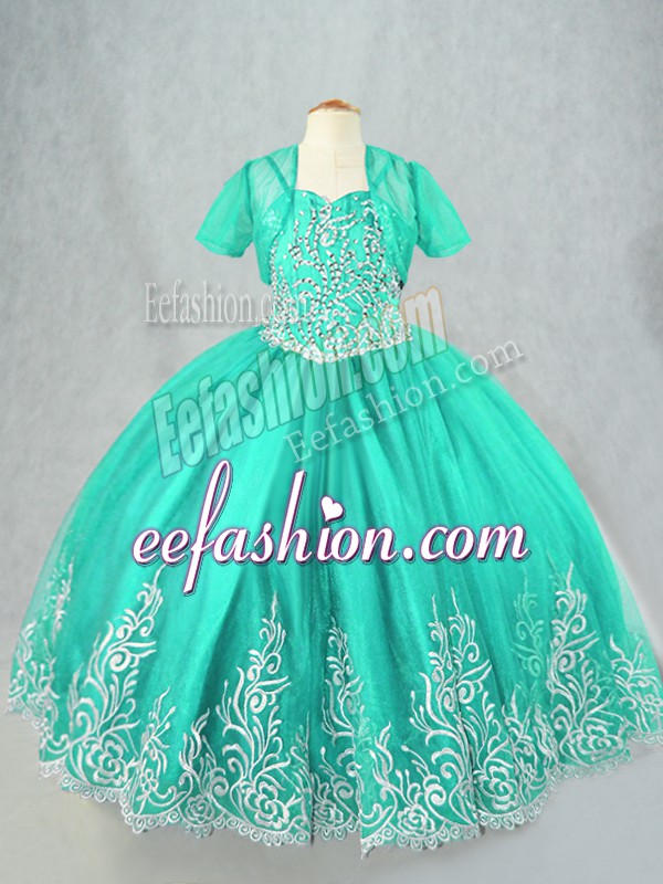  Sleeveless Floor Length Beading and Embroidery Lace Up Little Girl Pageant Gowns with Turquoise