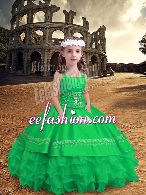  Green Sleeveless Embroidery and Ruffled Layers Floor Length Little Girls Pageant Dress Wholesale