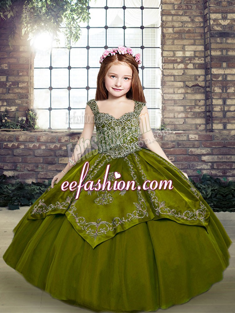 Eye-catching Organza Straps Sleeveless Lace Up Beading and Embroidery Girls Pageant Dresses in Olive Green