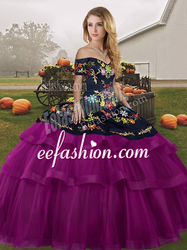  Off The Shoulder Sleeveless Vestidos de Quinceanera Brush Train Embroidery and Ruffled Layers Fuchsia Tulle
