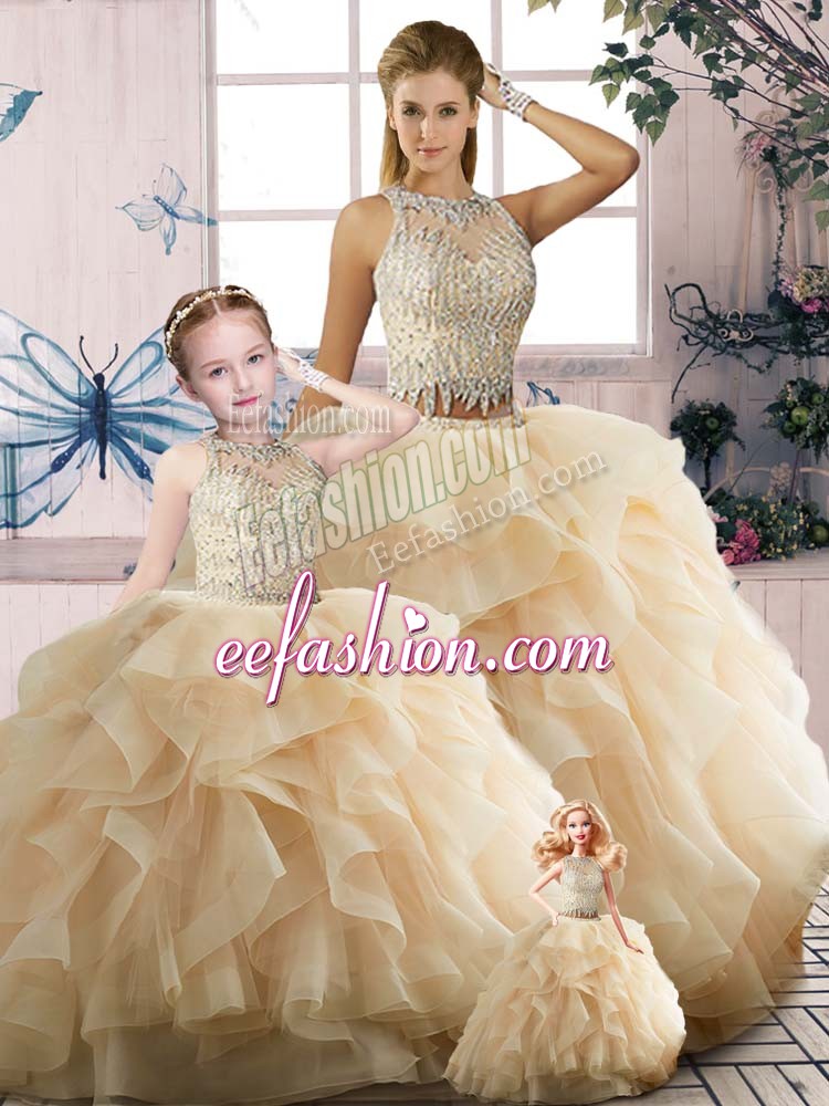  Champagne Scoop Zipper Beading and Ruffles Quinceanera Gowns Sleeveless