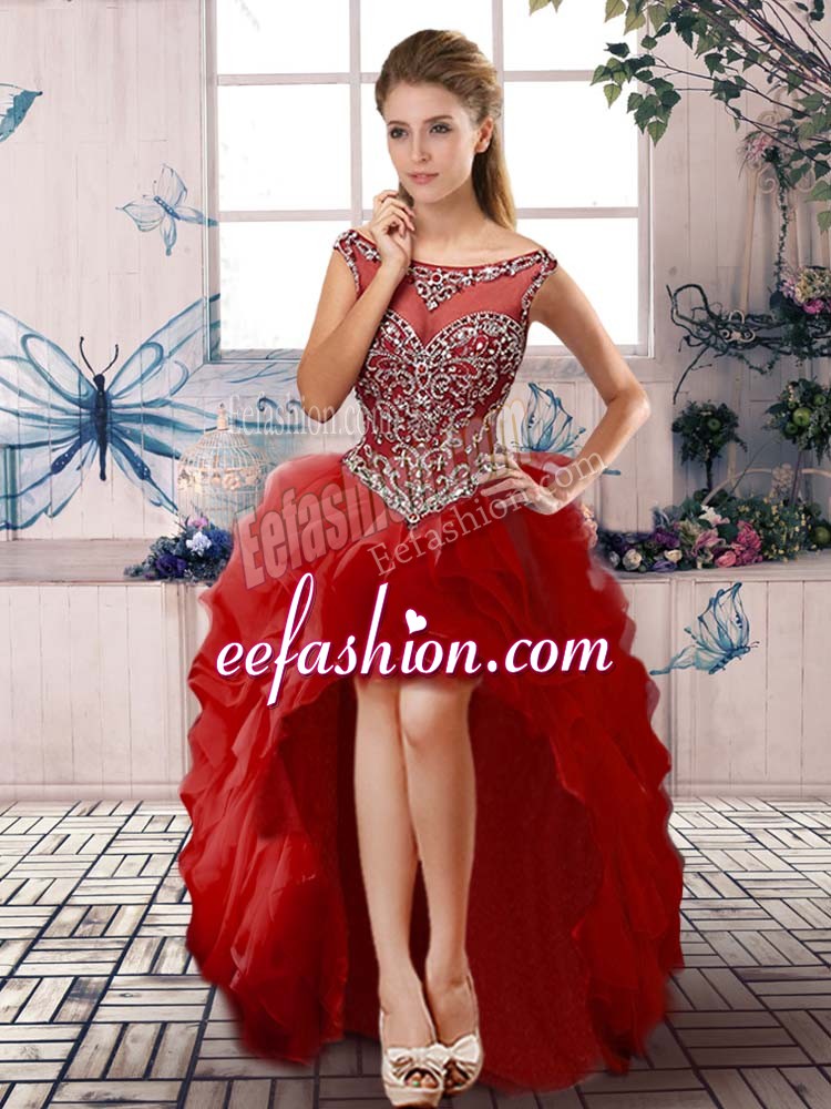 Latest Sleeveless Organza High Low Zipper Evening Dress in Wine Red with Beading and Ruffles