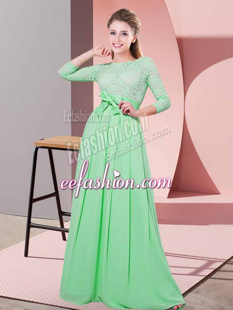 Fancy Chiffon Scoop 3 4 Length Sleeve Side Zipper Lace and Belt Dama Dress for Quinceanera in Apple Green