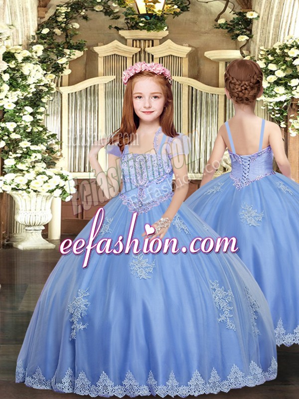  Straps Sleeveless Lace Up Little Girl Pageant Gowns Baby Blue Tulle