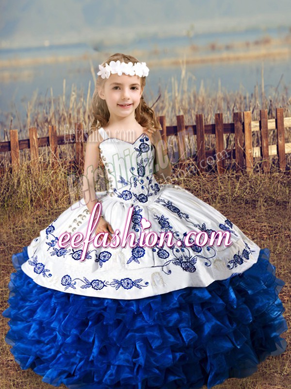 Best Royal Blue Sleeveless Embroidery and Ruffles Floor Length Little Girls Pageant Gowns
