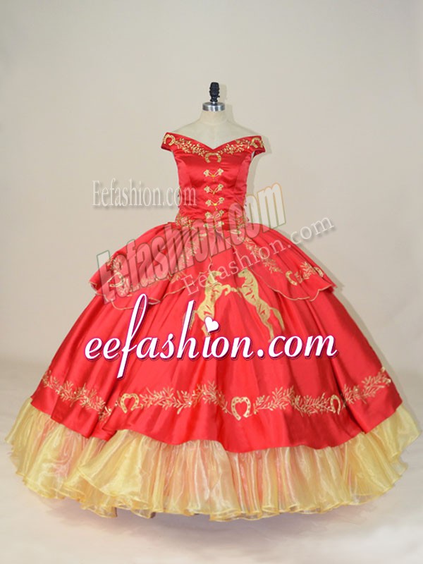  Red Off The Shoulder Neckline Embroidery 15 Quinceanera Dress Sleeveless Lace Up