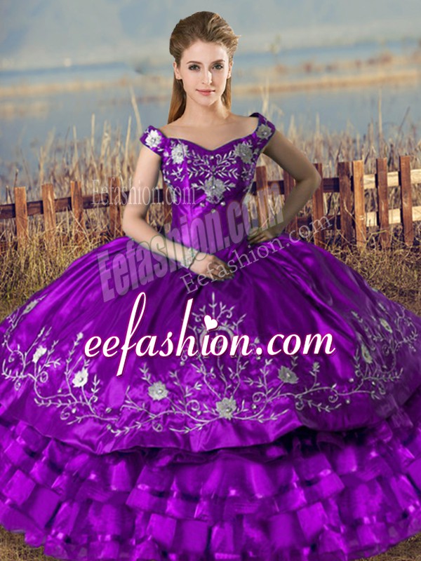 New Style Ball Gowns 15 Quinceanera Dress Purple Off The Shoulder Satin and Organza Sleeveless Floor Length Lace Up