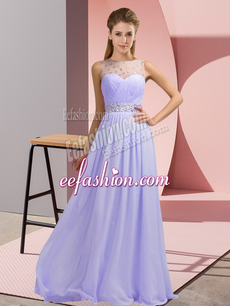 Custom Fit Floor Length Backless Prom Gown Lavender for Prom and Party with Beading